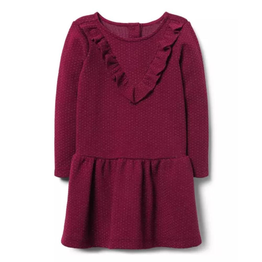 Janie & Jack Baby Girl Gold Shimmer Red Burgundy Dropwaist Ruffle Dress 12-18m